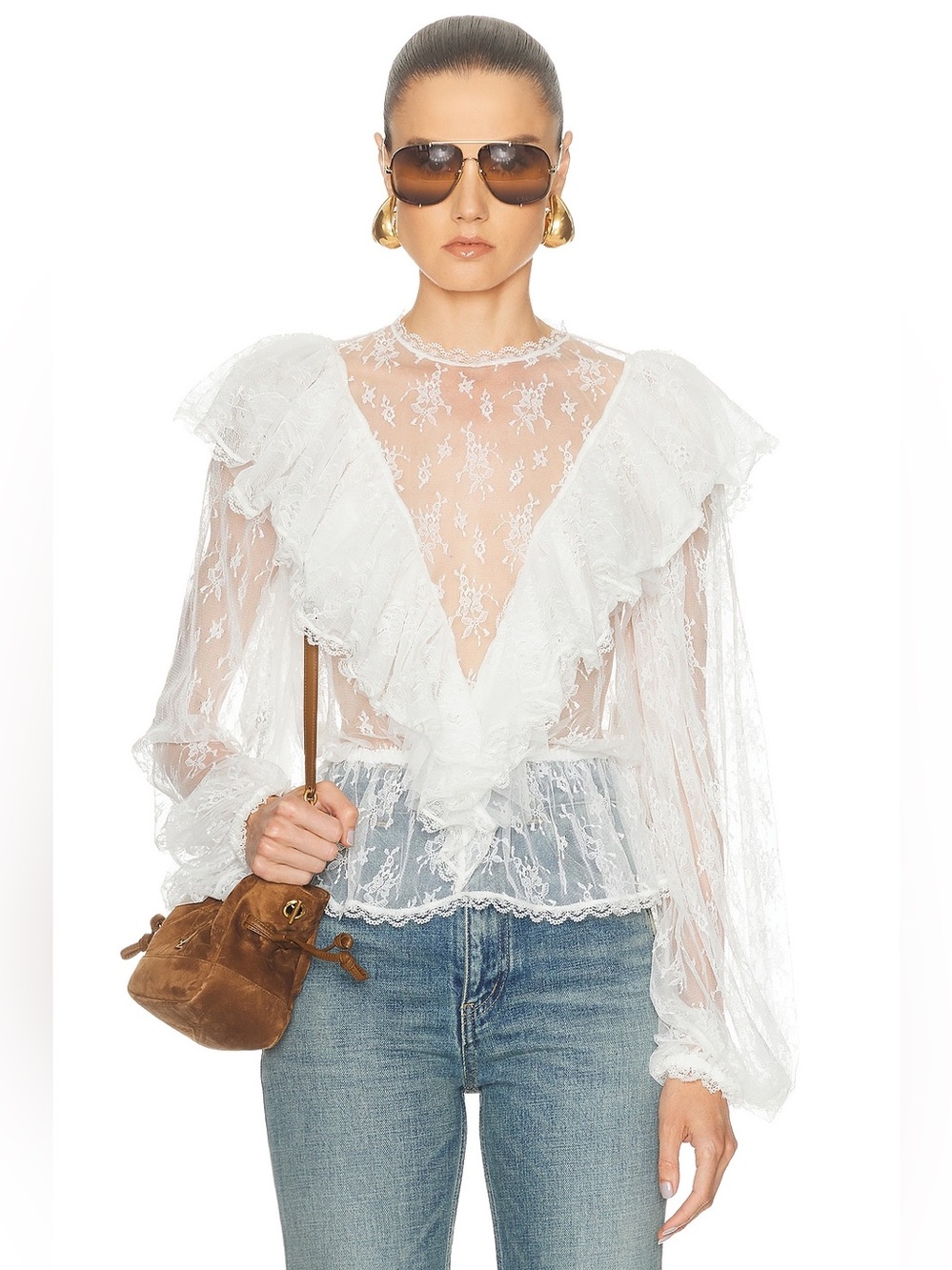 Ronny Kobo Talia Blouse Ivory Lace Ruffle Sheer NWT $428